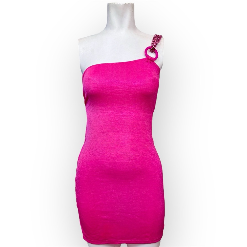 Y2K style deadstock Leg Avenue hot pink shimmer rave clubbing cut out mini dress